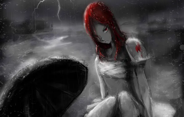 Картинка девушка, дождь, молния, зонт, аниме, арт, fairy tail, сказка о хвосте феи