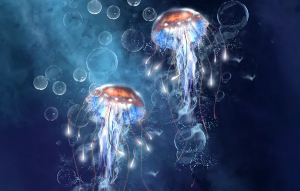 Картинка море, пузырьки, пузыри, арт, медузы, под водой