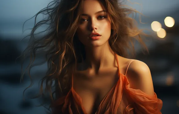 Грудь, взгляд, девушка, свет, ночь, лицо, огни, ветер