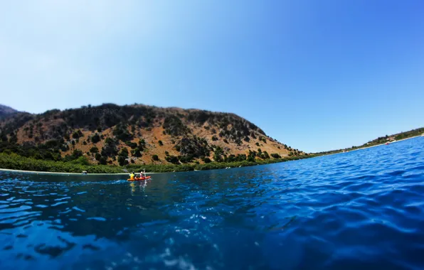 Озеро, гора, Греция, tilt-shift, dobraatebe, Крит, байдарка