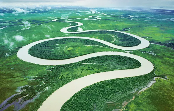 Green, river, curvy, aerial photography