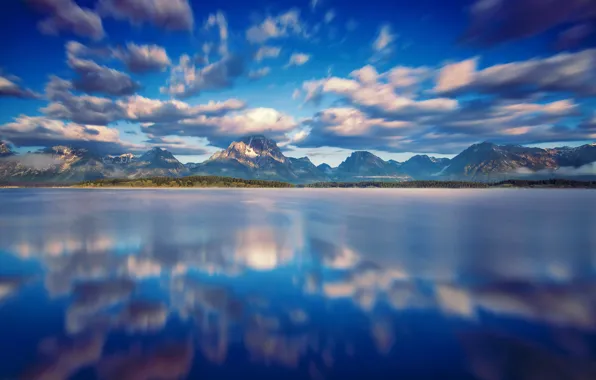 Картинка небо, вода, облака, отражения, горы, США, национальный парк, Гранд-Титон