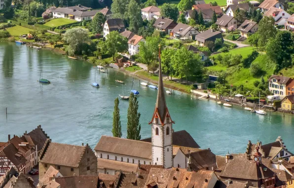 Река, дома, Швейцария, архитектура, Switzerland, городок., Stein am Rhein