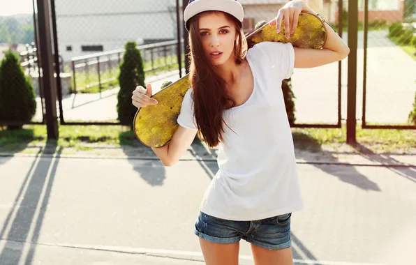 Woman, young, skateboard, holding