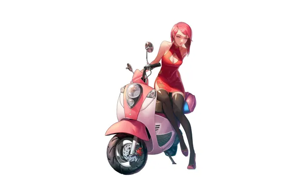 Картинка Girl, Art, Style, Bike, Background, Minimalism, Characters, Scooter