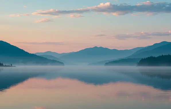 Небо, вода, облака, горы, обои, арт, залив, пастель