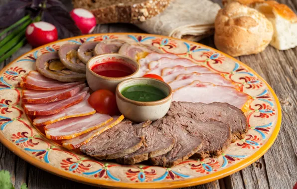 Мясо, соус, нарезка, редис