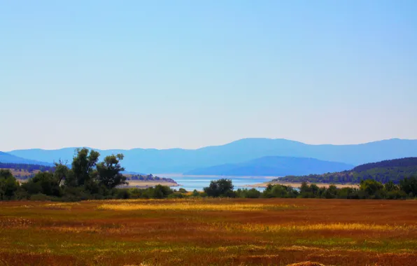 Картинка зелень, осень, трава, вода, пейзаж, горы, река