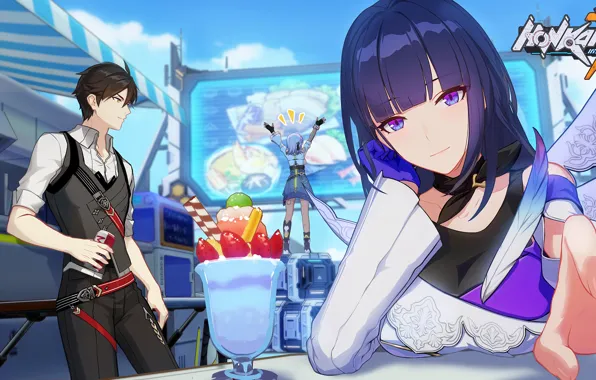 Девушка, мороженое, кафе, парень, официант, Honkai Impact 3rd, Raiden Mei