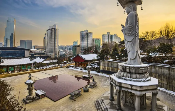 Зима, снег, город, утро, площадь, Сеул, Seoul, Южная Корея