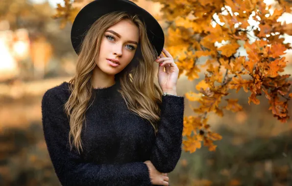 Картинка осень, взгляд, листья, ветки, поза, модель, портрет, шляпа
