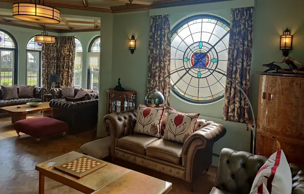 Дизайн, стиль, интерьер, Великобритания, комната отдыха, drawing room, уютная гостиная, кожаная мягкая мебель