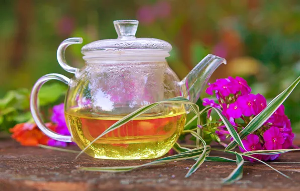 Картинка цветы, стол, фон, чай, боке, чаник