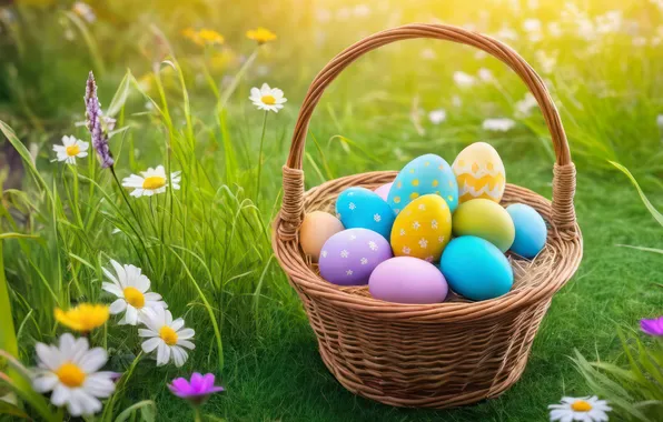 Картинка цветы, яйца, весна, colorful, Пасха, happy, flowers, spring