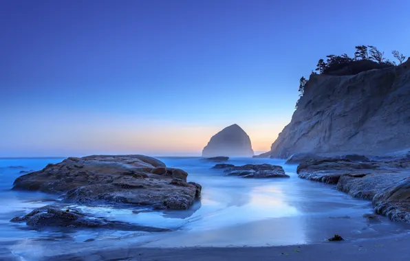 Картинка песок, скала, камни, океан, рассвет, берег, Орегон, USA