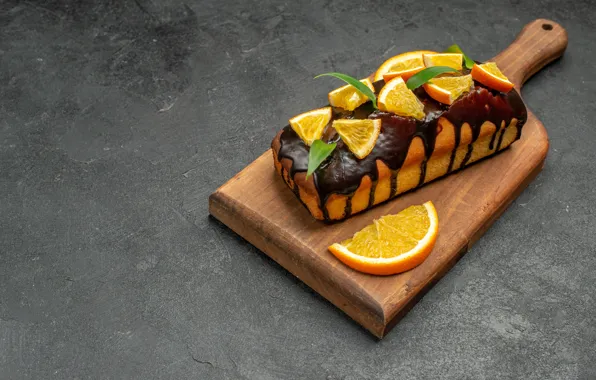 Шоколад, апельсины, пирожное, миска, серый фон, крем, десерт, дольки