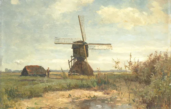 Пейзаж, масло, картина, 1903, Paul Gabriel, Пол Габриель, Солнечный день. Мельница у пруда