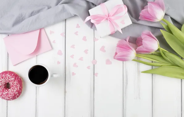 Картинка цветы, кофе, букет, сердечки, тюльпаны, розовые, пончик, box