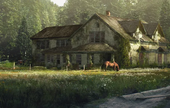 Картинка лес, дом, лошадь, особняк, Одни из нас, The Last Of Us