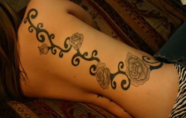 Цветы, узор, спина, татуировка