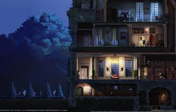 Картинка деревья, ночь, дом, люди, библиотека, многоэтажка, The Adventures of Tintin: The Game