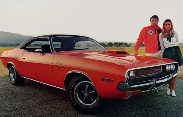 Девушка, фон, Додж, Dodge, Challenger, парень, 1970, передок