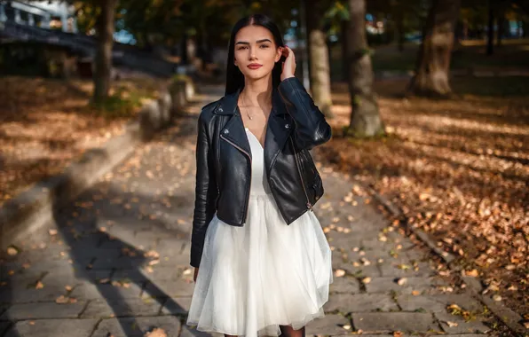 Girl, forest, dress, nature, model, pretty, brunette, jacket