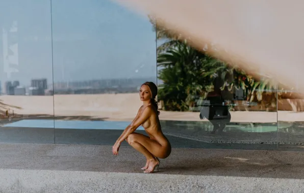 Glass, nipples, reflection, naked, buildings, breasts, mirror, Jocelyn