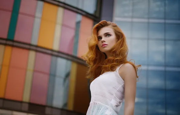 Картинка red lipstick, redhead, looking away, women outdoors, white dress, model, blue eyes, standing