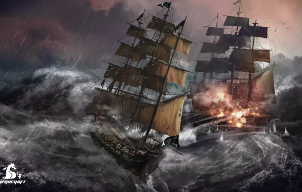 Волны, шторм, корабли, The Tempest, Herocraft