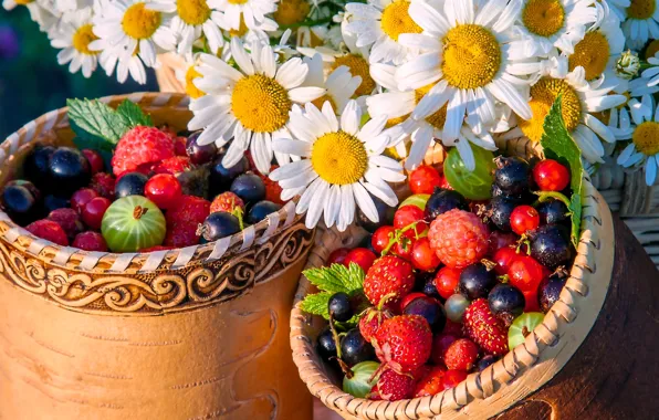 Картинка цветы, ягоды, ромашки, туески