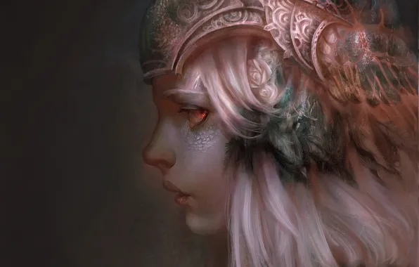 Картинка Девушка, чешуя, перья, шлем