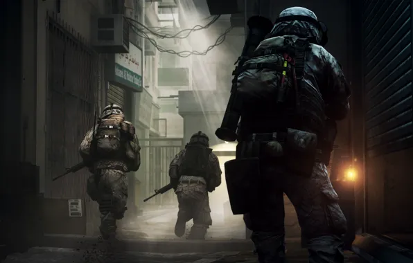 Туман, солдаты, переулок, battlefield 3, свет.