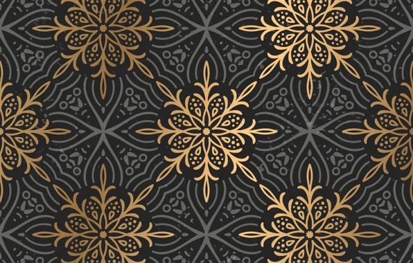 Серый, золото, черный фон, pattern, Gold, Floral, Ornament