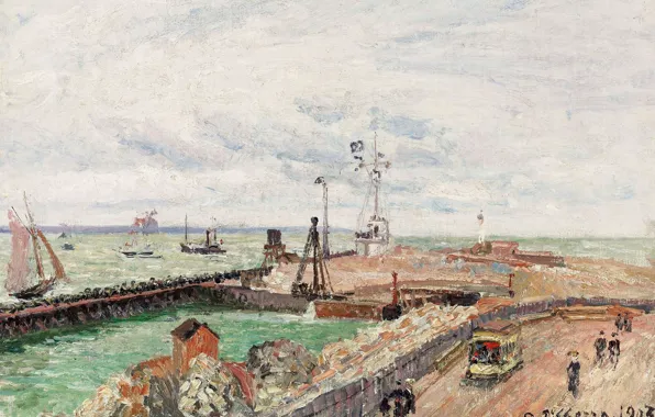 Море, город, картина, Камиль Писсарро, Пирс и Семафор Гавра