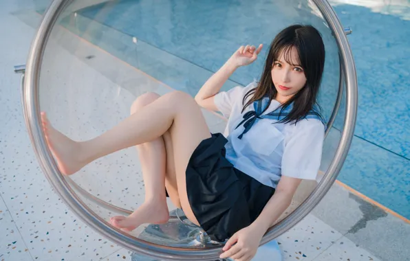 Pool, legs, model, chair, asian, babe, photoshoot, skirt