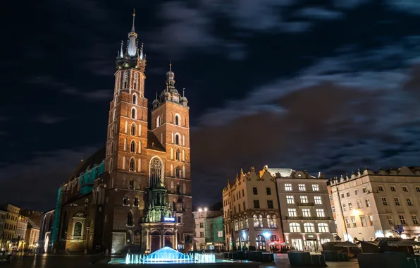 Ночь, Польша, фонтаны, Poland, Краков, Fountains, Krakow