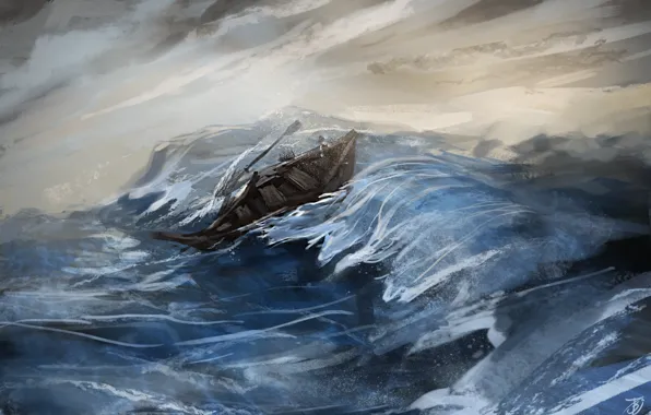 Море, волны, обломки, шторм, лодка, рисунок