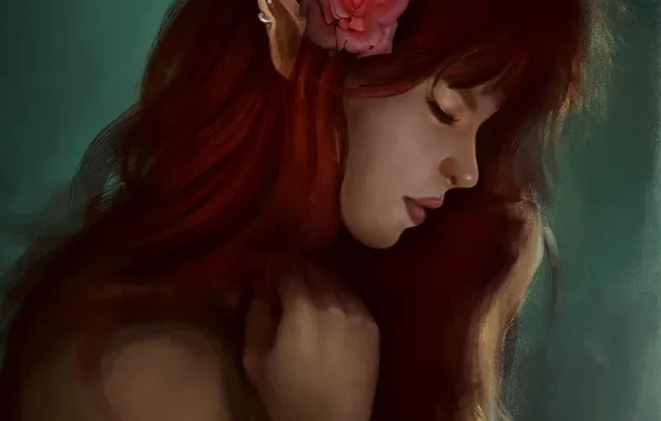 Картинка цветок, девушка, эльф, роза, арт, профиль, рыжая, эльфийка
