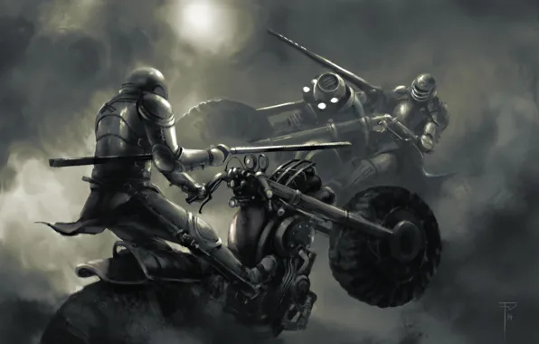 Картинка мотоциклы, арт, дымка, рыцари, пики, поединок
