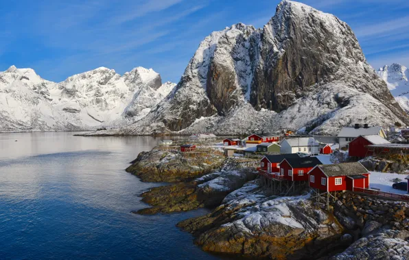 Картинка море, снег, пейзаж, горы, природа, дома, Норвегия, Лофотенские острова