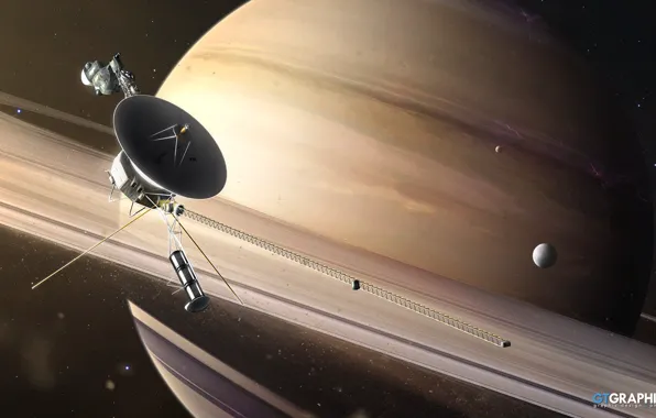 Космос, планета, спутник, кольца, Сатурн, звёзды, Saturn Fly