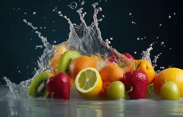 Вода, ягоды, всплеск, апельсины, киви, клубника, фрукты, разные