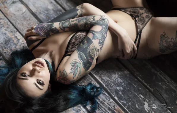 Взгляд, поза, руки, тату, бельё, lingerie, на полу, Jack Russell