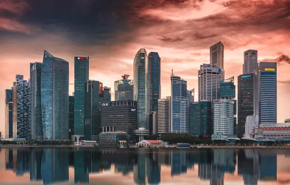 Город, вечер, Сингапур, небоскрёбы
