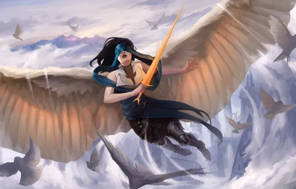 Girl, sword, fantasy, wings, birds, Angel, castle, artwork