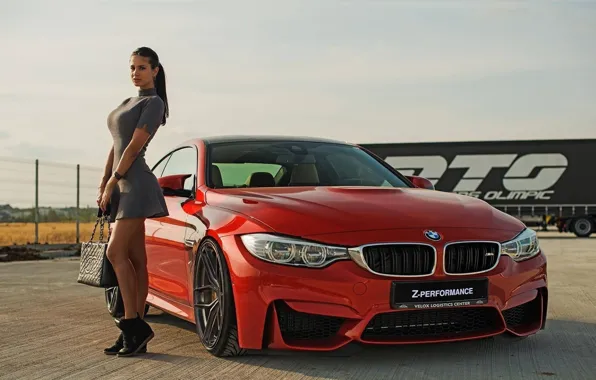 Картинка girl, red, model, car, coupe, bmw