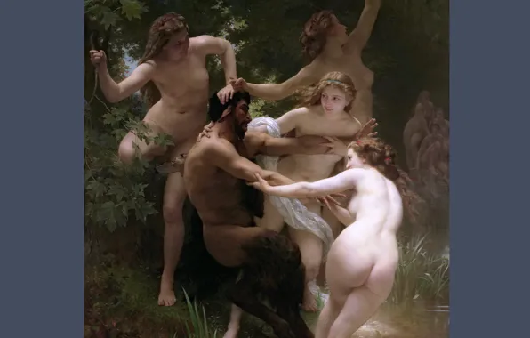 Картинка Девушки, Картина, Голые, Сатир, Вильям Адольф Бугро, William-Adolphe Bouguereau, Французский живописец, Нимфы и сатир