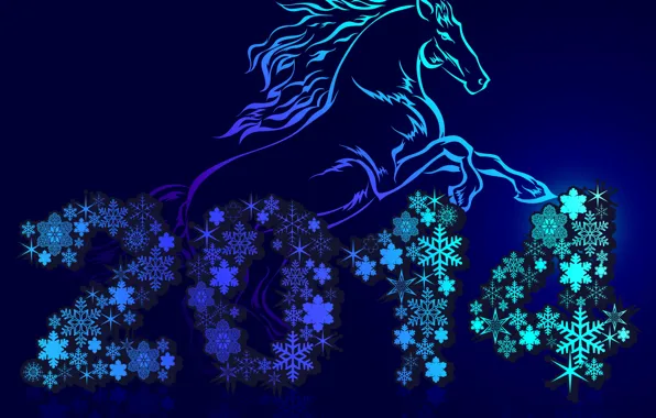 Снежинки, праздник, лошадь, Новый год, синий фон, 2014