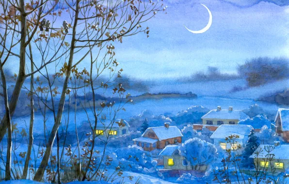 Картинка зима, снег, деревья, ночь, рисунок, месяц, долина, деревня